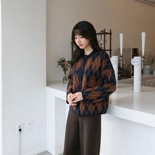 Round-neck Argyle Patterned Cardigan