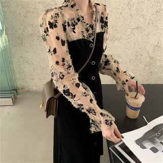 Long-sleeve Velvet Mesh Dress