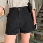 High-waist Cuffed Plain Denim Shorts