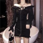 Off-shoulder Long-sleeve Mini Bodycon Dress Black - One Size