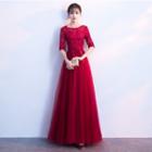Elbow-sleeve Lace A-line Maxi Evening Dress