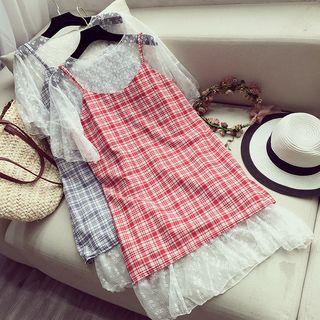 Set: Lace Short Sleeve Dress + Plaid Spaghetti Strap Dress