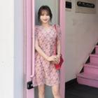 Puff-sleeve Floral Print Chiffon Dress Pink - One Size