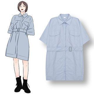 Short-sleeve Flap-pocket Mini Shirtdress Blue - One Size