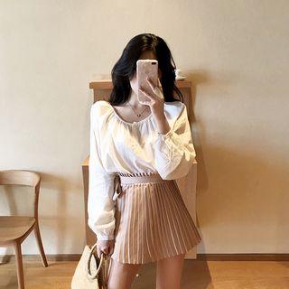 Plain Blouse / Accordion Pleat Mini Skirt