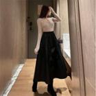 High Waist Ribbon Accent Midi A-line Skirt Black - One Size