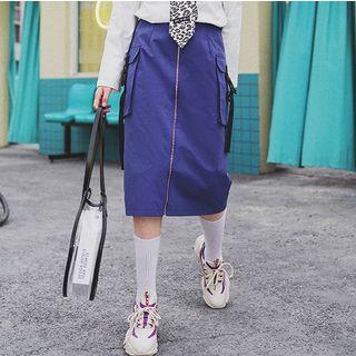 Zip Front Straight Fit Midi Skirt