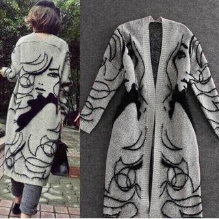 Printed Open-front Midi Cardigan Gray & Black - One Size