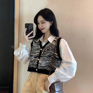 Plain Shirt / Zebra Print Button Cropped Knit Vest
