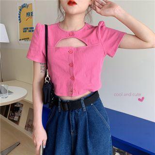 Short-sleeve Cutout Button-up Slim-fit Top As Figure - One Size
