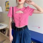 Short-sleeve Cutout Button-up Slim-fit Top As Figure - One Size