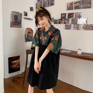 Flower Print Elbow-sleeve Shirt / Wide-leg Jumper Shorts