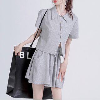Set: Short-sleeve Collar Side-slit T-shirt + Shorts Gray - One Size