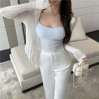 Lace Trim Crop Camisole / Long Sleeve Ribbed Cardigan / High Waist Silky Boot-cut Split Pants