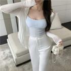 Lace Trim Crop Camisole / Long Sleeve Ribbed Cardigan / High Waist Silky Boot-cut Split Pants