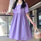 Short-sleeve Contrast Collar Frill Trim A-line Dress Purple - One Size