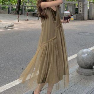 Set: Spaghetti Strap Midi Dress + Sleeveless Mesh Midi A-line Dress