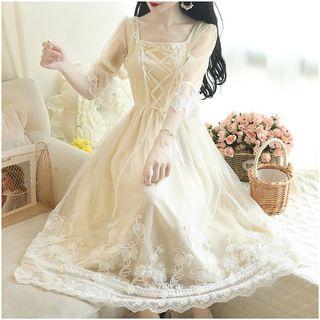 Square-neck Lace Trim Elbow-sleeve Midi A-line Dress
