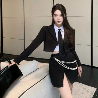 Cropped Blazer / Shirt With Necktie / Mini Pencil Skirt With Waist Chain / Set