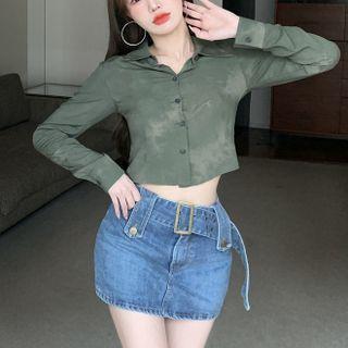 Polo-neck Tie-dye Top / Denim Skirt