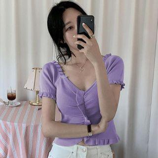 Short-sleeve Square Neck Ruffle Trim Knit Crop Top