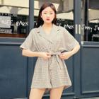 Notched-lapel Checked Playsuit With Sash