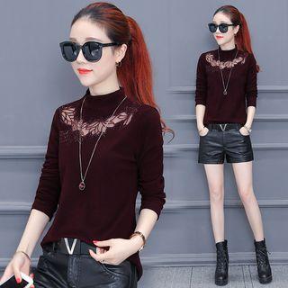 Mock Turtleneck Mesh Panel Long-sleeve Top