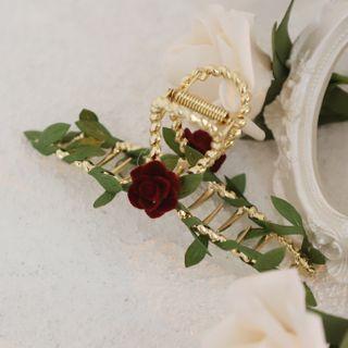 Rose Alloy Hair Clamp Red & Green - One Size