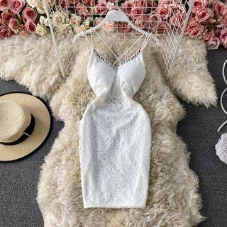 Sequined Spaghetti Strap Lace Sheath Dress