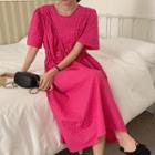 Short-sleeve Plain Midi A-line Dress Rose Pink - One Size