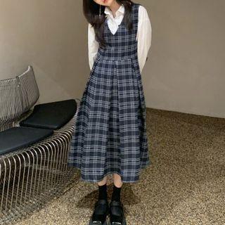 Plaid Midi A-line Dress / Plain Shirt