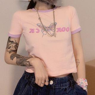 Butterfly Print Short-sleeve Cropped T-shirt Light Pink - One Size