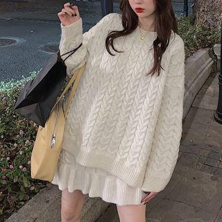 Set: Cable Knit Sweater + Knit Skirt Set - Almond - One Size