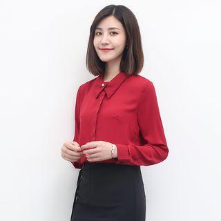 Long-sleeved Straight Chiffon Sheath Plain Blouse