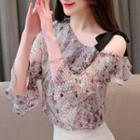 Asymmetric Cold-shoulder 3/4-sleeve Patterned Blouse