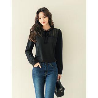 Beribboned Lace-yoke Blouse
