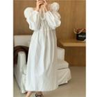 Puff-sleeve Square-neck Plain Dress White - One Size