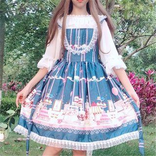 Frilled Printed Elbow-sleeve A-line Dress