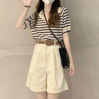 Set: Short-sleeve Collar Striped T-shirt + Shorts