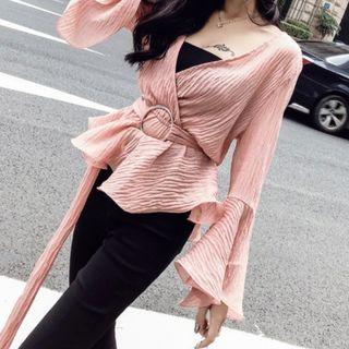 Bell-sleeve Sashed Wrap Top