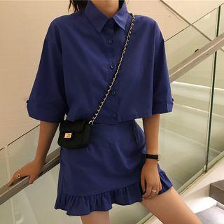 Elbow-sleeve Crop Shirt / Ruffle Trim A-line Skirt