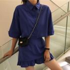 Elbow-sleeve Crop Shirt / Ruffle Trim A-line Skirt