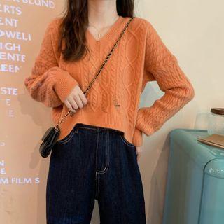 Distressed V-neck Cable-knit Top