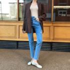 Asymmetric-waist Distressed Slim-fit Jeans