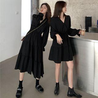 Long-sleeve V-neck Loose Fit Plain Dress