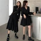 Long-sleeve V-neck Loose Fit Plain Dress