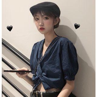 Twisted Puff-sleeve Crop Top Blue - One Size
