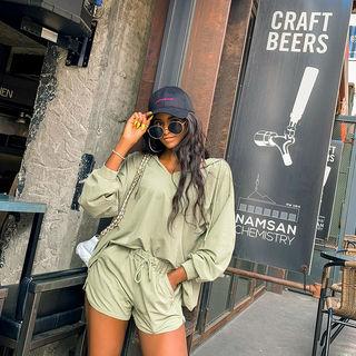 Set: Open-placket Hooded Top + Band-waist Shorts