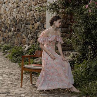 Short-sleeve Cold Shoulder Floral Print Midi A-line Dress