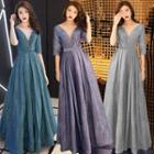 Elbow-sleeve Mesh Panel Glitter A-line Evening Gown